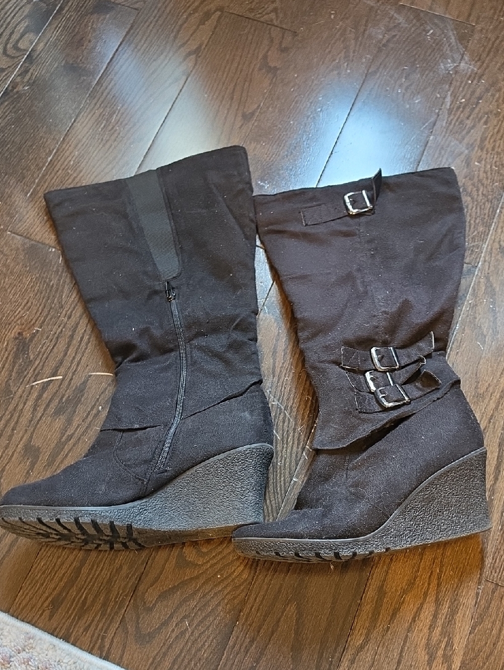 Deb Black Wedge Knee-High Boots with Buckle Detail